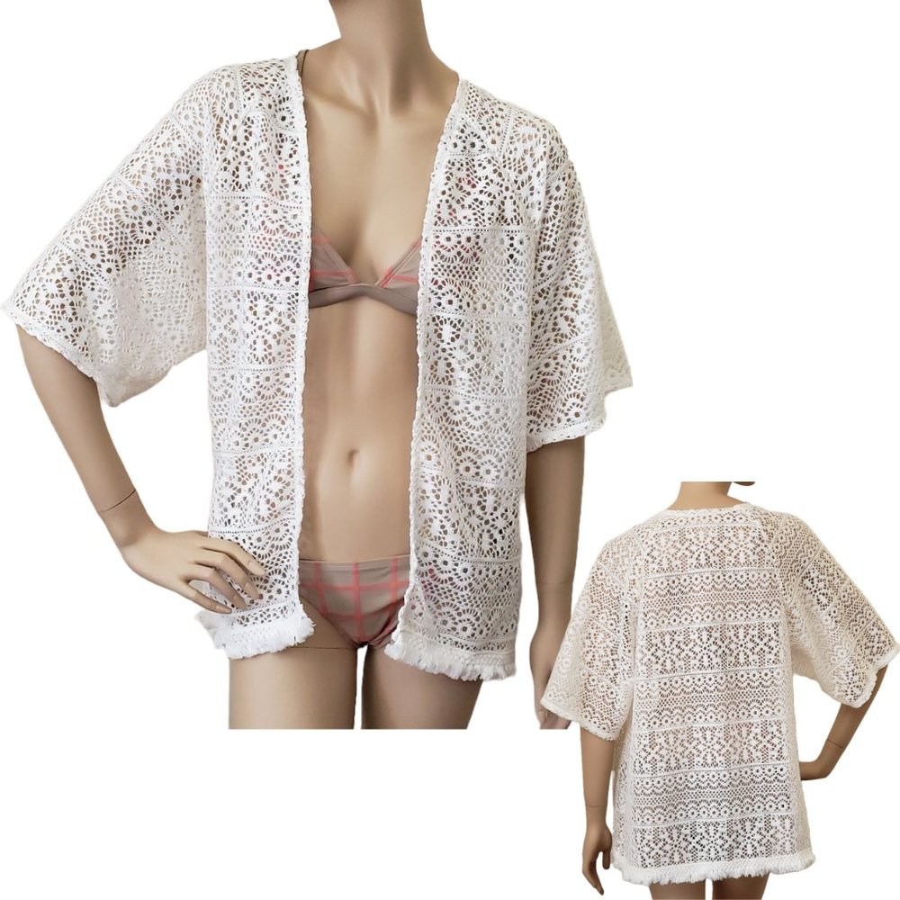 Swimwear Gossip Fringed Crochet Kimono Cover Up SZ S Cream/Ivory